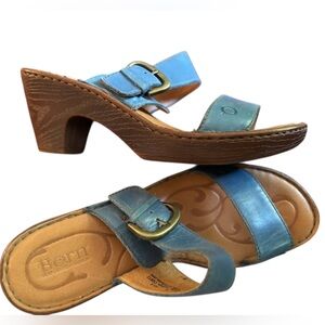 Born Tinari Blue Leather Double Strap Buckle Chunk Heels Platform Sandals Size 9